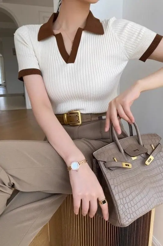 2025 French Retro Color Block Polo Collar Short Sleeve Knit Tops Women's Slim Fit Classy Casual Versatile Summer Crop T-Shirts