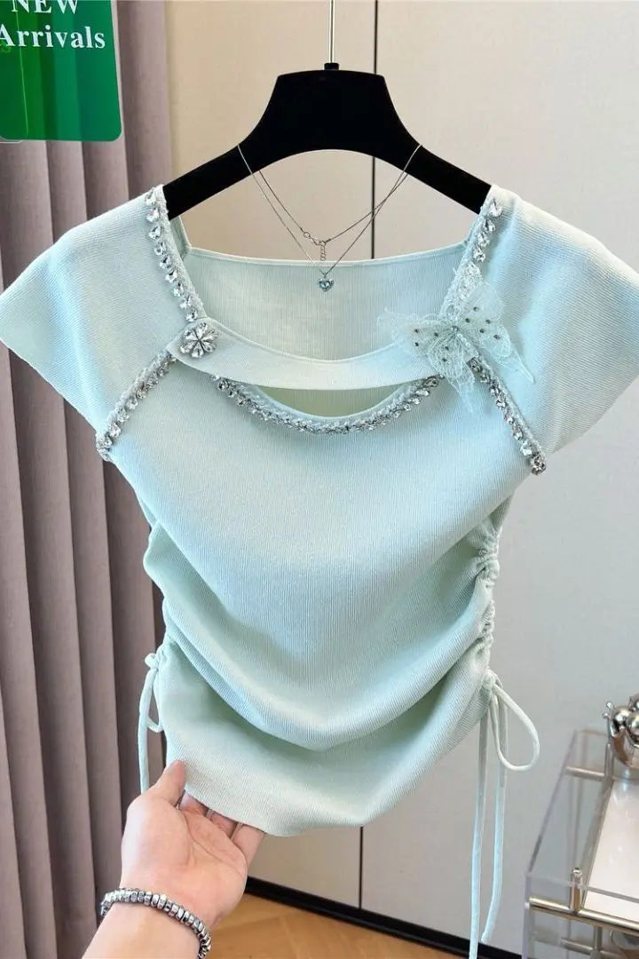2025 Summer Women's Beaded Knit T-shirt Short Sleeve Drawstring Slim Fit Sweet Pure Sexy Blouse Casual Chic Top Female Clothing
