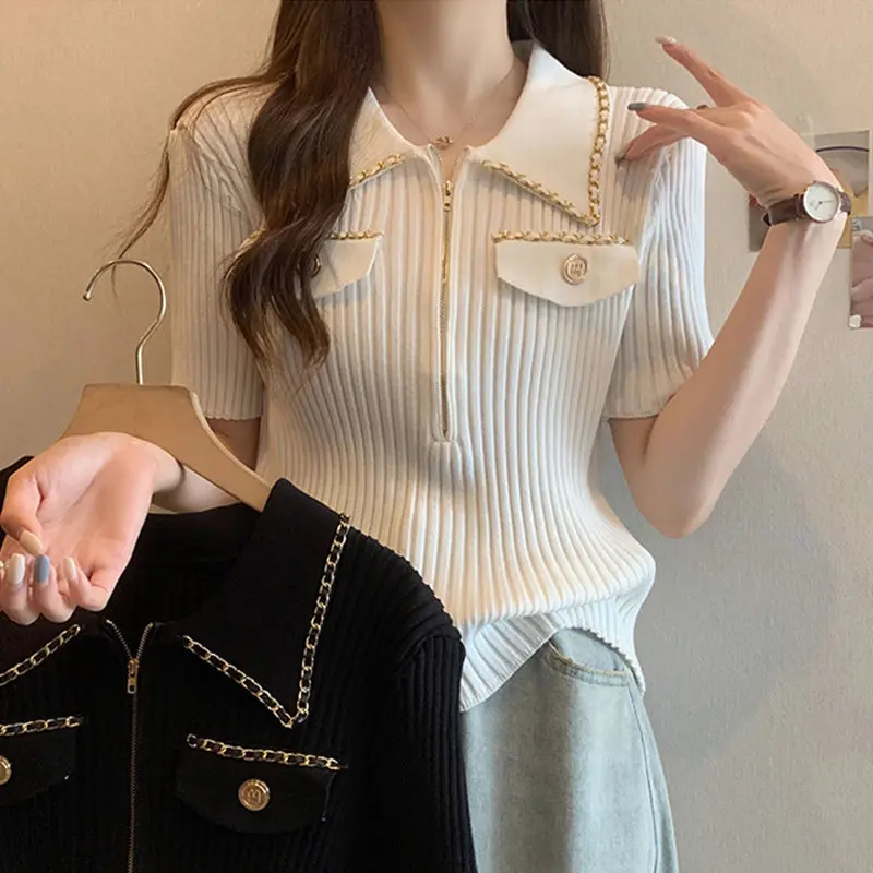 2025 Women's Cool Knit Polo Shirt Summer Slim French Chic T-Shirt with Zip Collar Casual Short Sleeve Blouse European Design