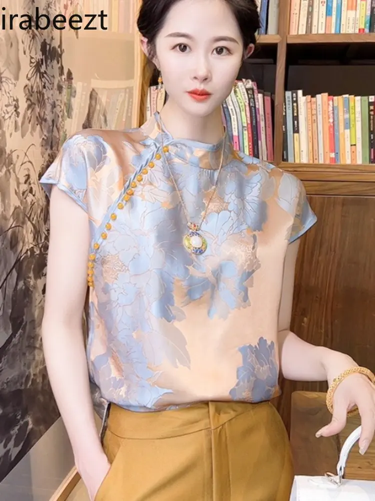 Chinese Inspired Floral Jacquard Top Women's Short Sleeve Summer Blouse Satin Shirt Vintage Embroidery Loose Fit Casual