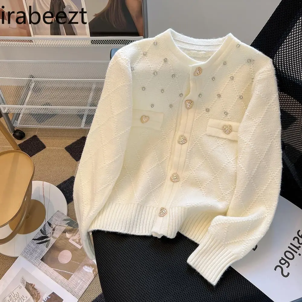 Elegant French Style Diamond Knit Cardigan Women's Spring Autumn Soft Loose Fit Chunky Yarn Open Front Sweater Coat Tops