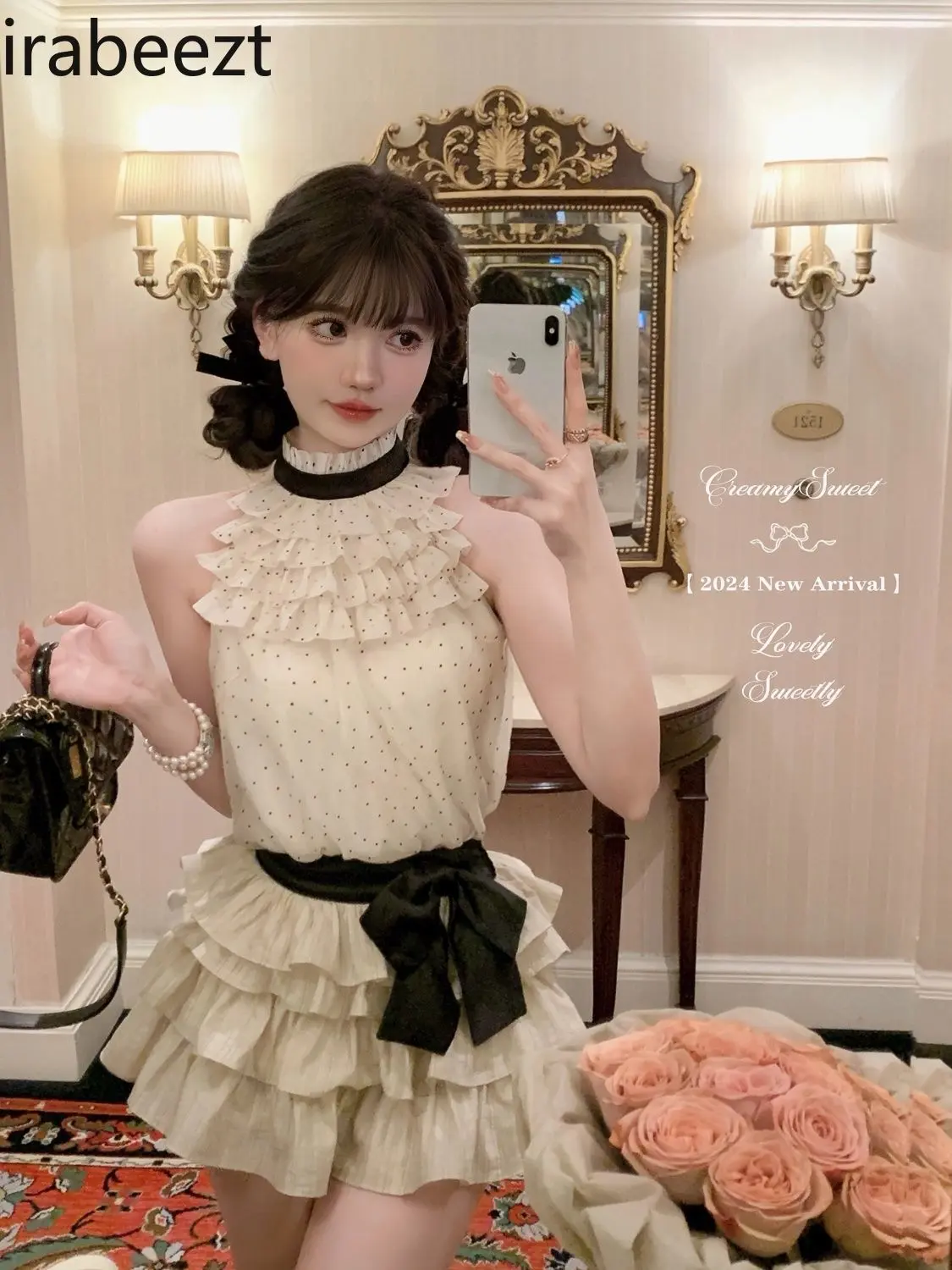 Sweet Polka Dot Chiffon Sleeveless Top and Women's Bow Cake Shaped Skirt Set Summer Casual Suits for Women with Skirt