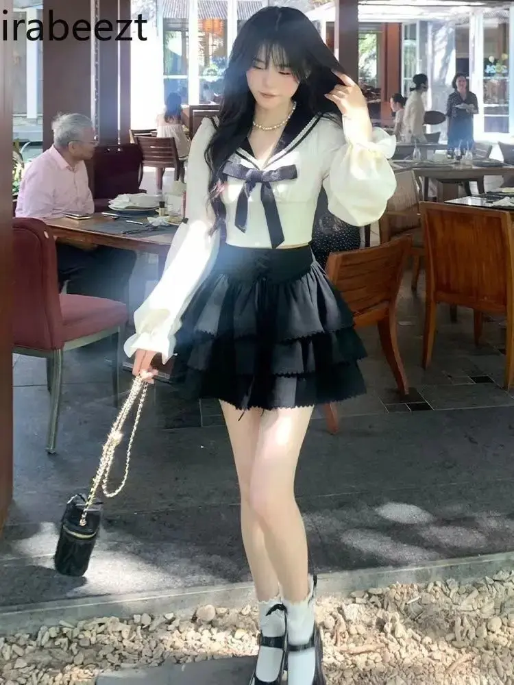 College All-matching Twill Cake Shaped Skirt + Navy Collar Blouse Two Sets of New 2024 Casual Jupe Femme Chic Et Élégant