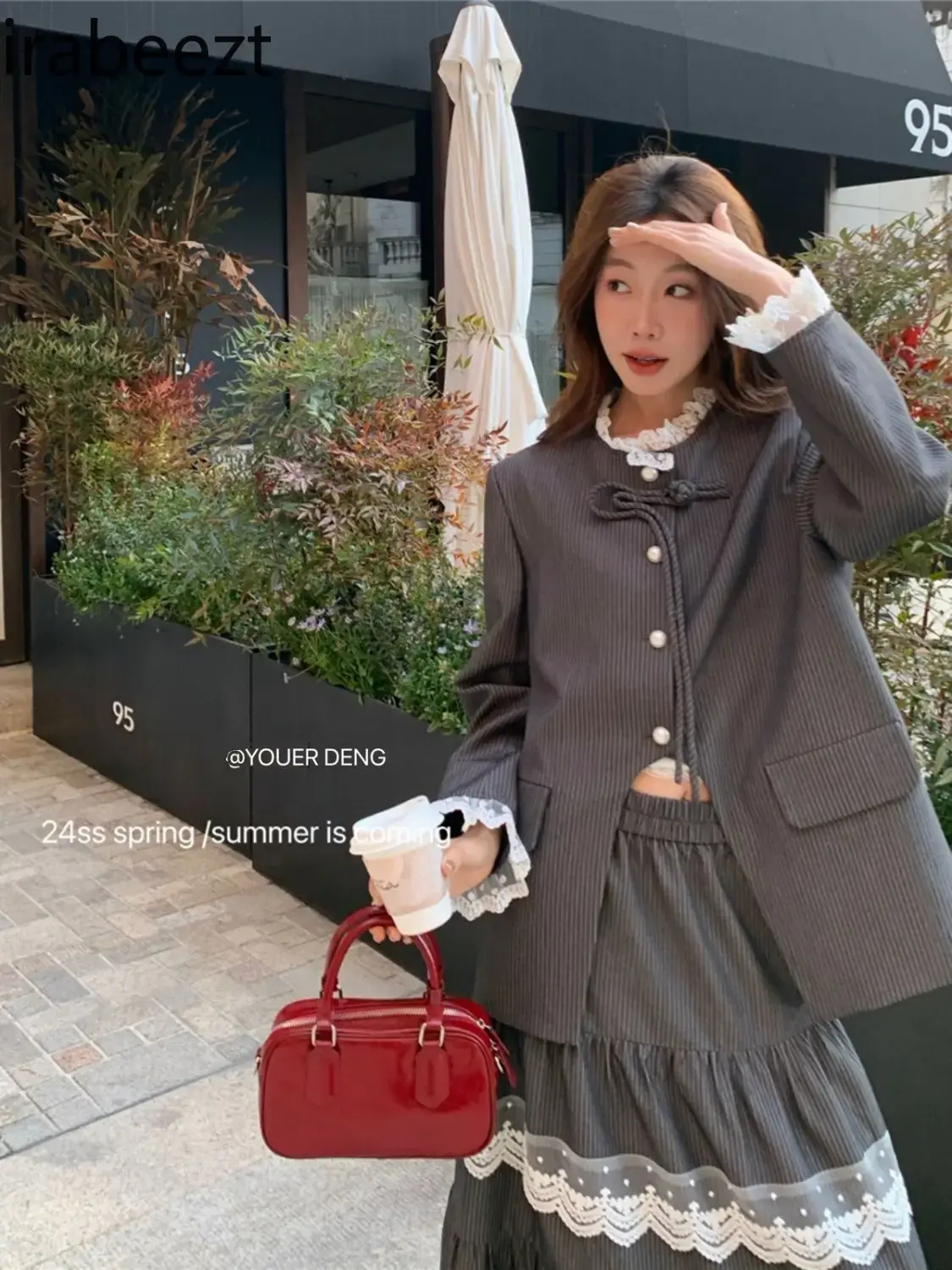 New Chinese Lace Ruffled Western Air Age-reduction Suit Women's Buckle Lace Coat Full Length Skirt Two-piece Set
