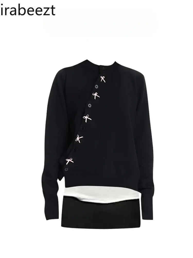 Korean Design Sense Oblique Front Single-breasted Bow Knit Cardigan Sweater Female Black A-line Skirt Two-piece Set