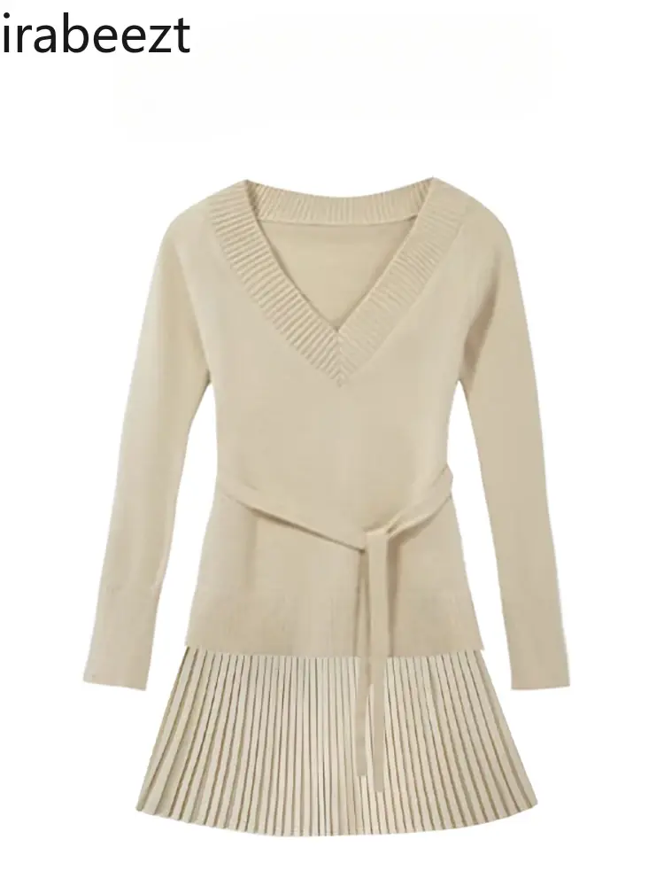 V-neck Sweater Knitwear Women's Fall Pleated Half Skirt Korean Early Autumn Wear Waist Collection Sexy 2 Pieces Suit