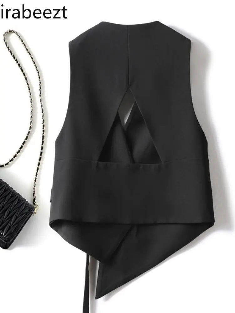Irregular Suit Waistcoat Women's Design Sense Black Small Short Back Hollowed Out Clip Jaqueta Feminina Vest Women