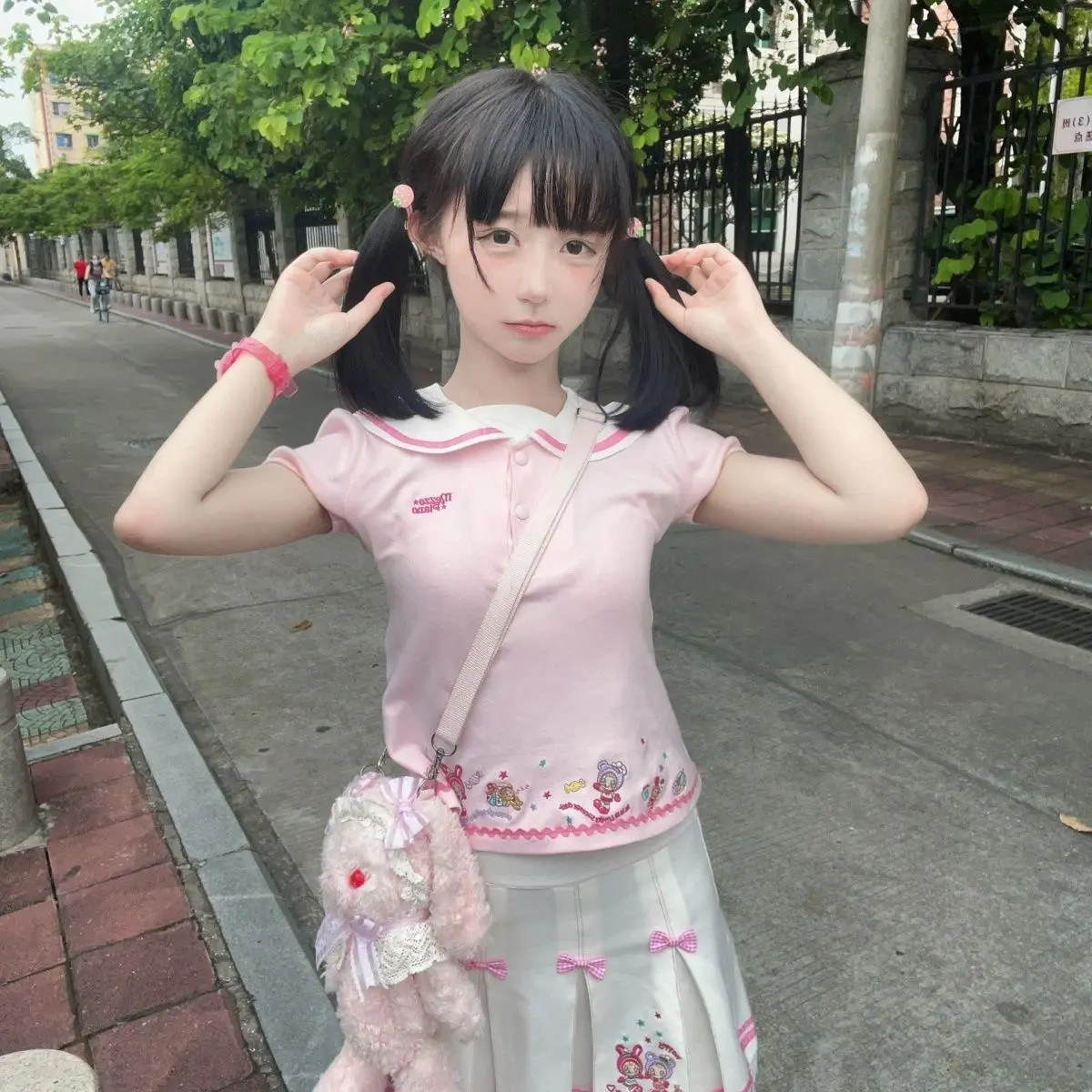 Millennium Pink Navy Collar Embroidered Tops Secondary Yabi Cute Daughter Clothes Pleated Skirt Suit Soft Girl
