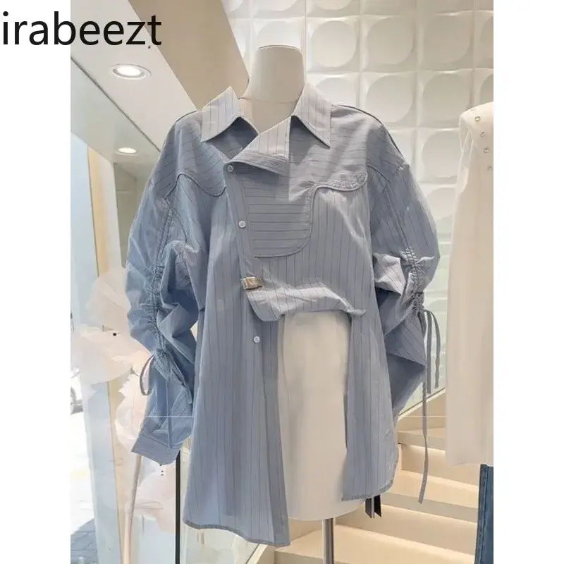 Women's Shirts Autumn New Korean Irregular Design Sense Shirring Lace Up Loose Mid Length Loose Striped Blouses Lady's Clothing