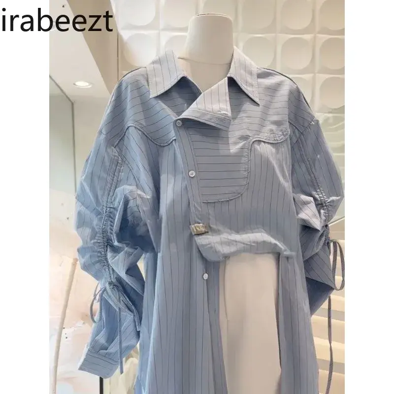 Women's Shirts Autumn New Korean Irregular Design Sense Shirring Lace Up Loose Mid Length Loose Striped Blouses Lady's Clothing