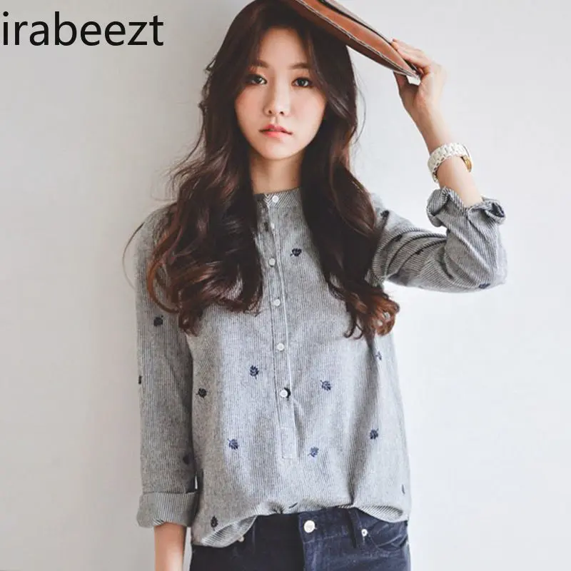 Spring New College Style Striped Stand Collar Shirt Embroidery Long Sleeve Base Tops Women Autumn Casual Girl's Blouse