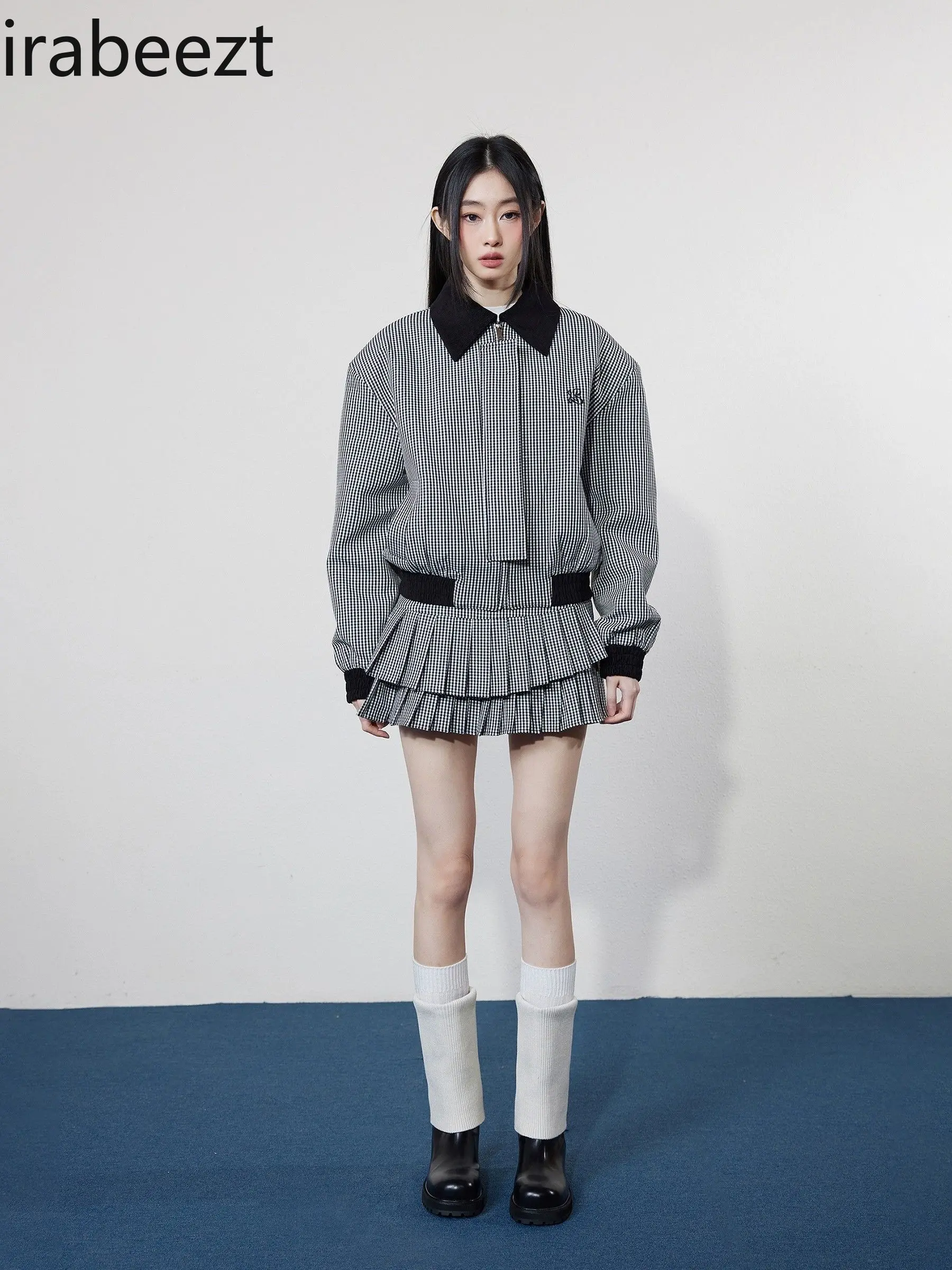 Plaid Baseball Uniform Jacket Women Mini Skirt 2 Pieces Sets Casual Suit Vintage Pleated Skirt Sets Female Clothes