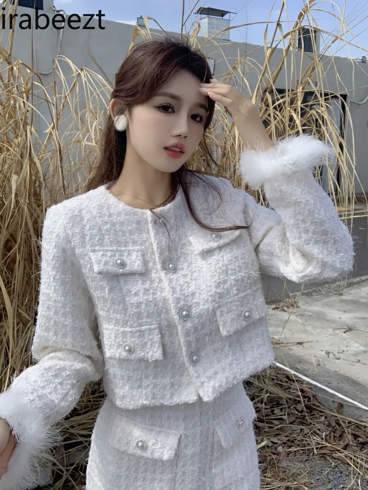 Fashion Hot Sale Patchwork Fur Coat + Woolen Skirt Suit Autumn and Winter Women's Roupas Femininas Conjuntos 2 Pieces Set