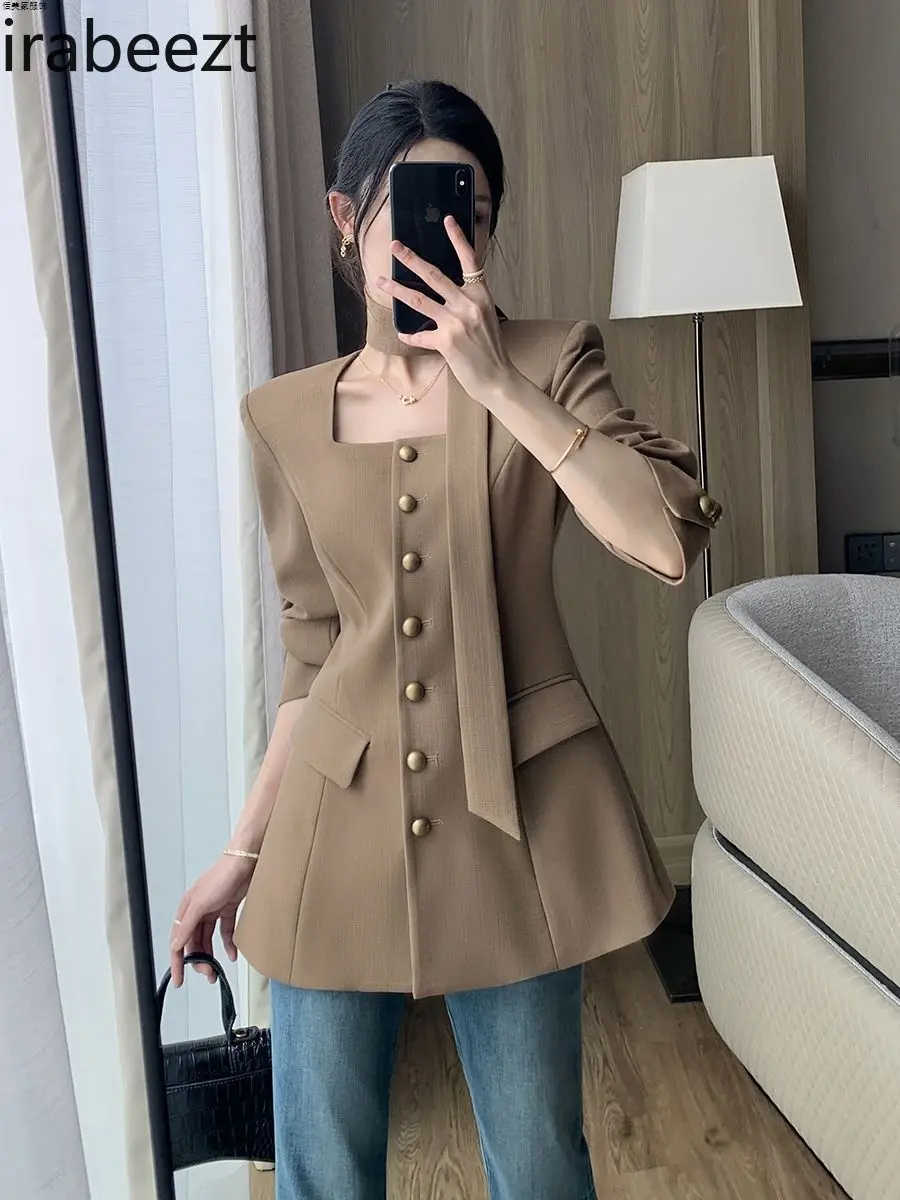 Suit Jacket for Women 2024 Autumn New High-grade Temperament Waist Square Collar Jaqueta Feminina Blaizer Feminino De Luxo