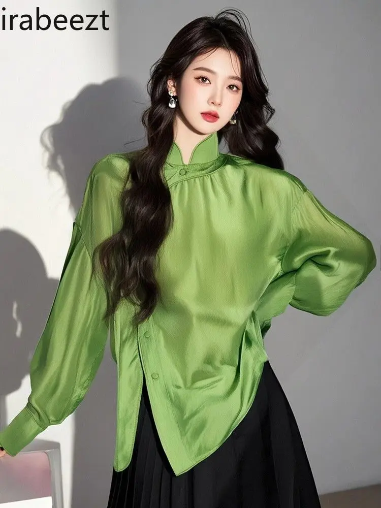 New Chinese Style Green Stand Collar Blouse Women's Elegant Luxury Casual Youthful Trendy Fashion Slim Fit Spring Summer Top