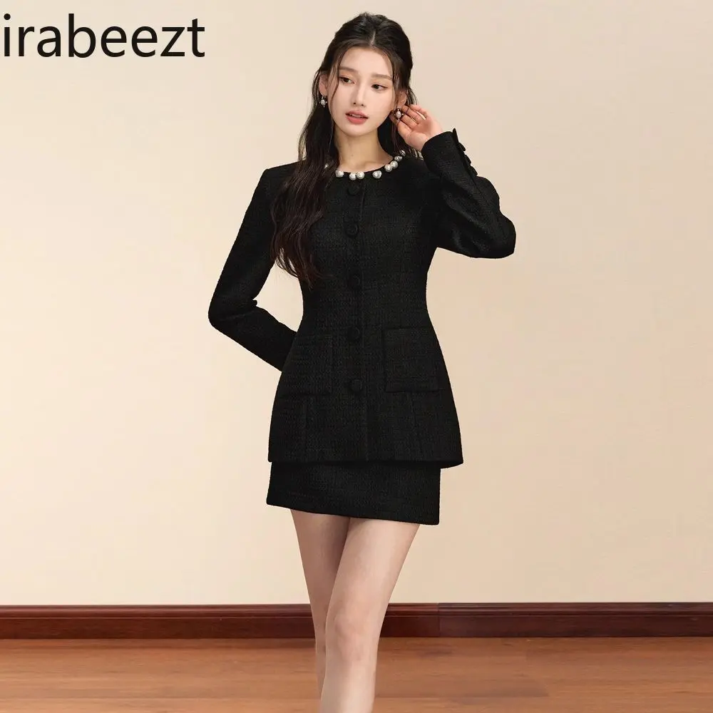 Black Coat Women 2024 New Autumn Winter Pearl Simple Waist Slimming Two-piece Set Temperament Mainland China Blazer Suit