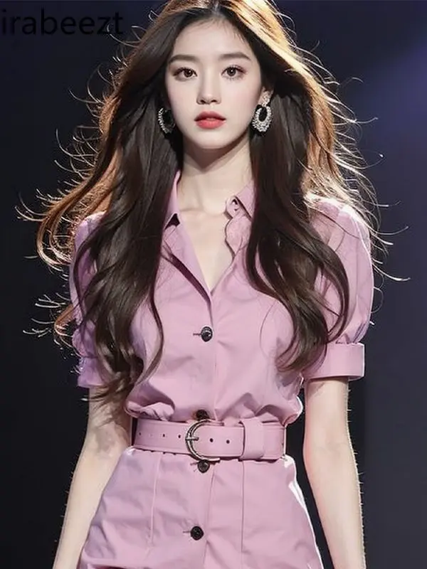 French Style Waist-cinching Beautiful High-end Exquisite Robe Super Good-looking Cool Pink Shirt Dress for Women Summer