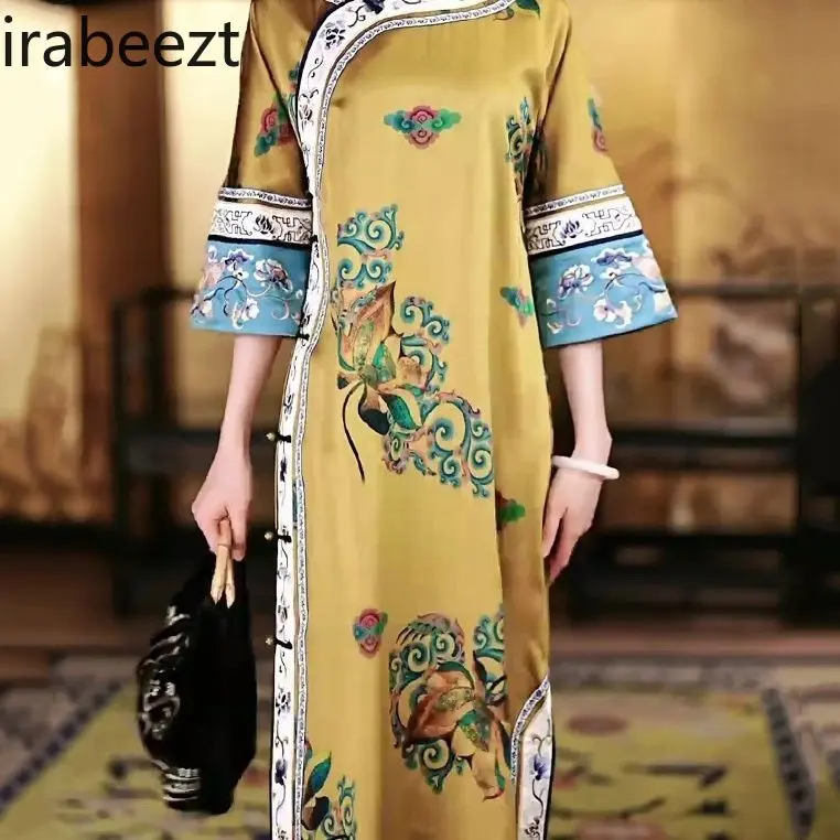 Elegant Vintage Cheongsam Flowy Loose Fit Traditional Chinese Qipao Hanfu Robe with Slit Feminine Modest Casual Outfit for Women