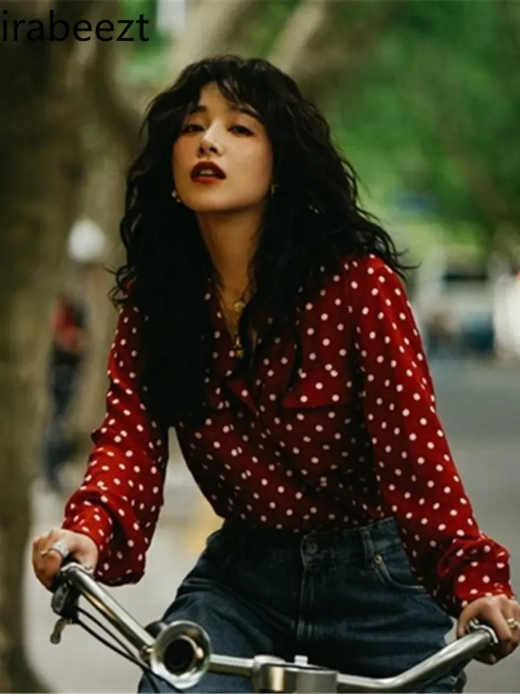 V-neck Red Polka Dot Shirt Women Spring and Autumn New French Style Vintage Long-sleeved Regulai Fit Tops Mujer Blouse Women