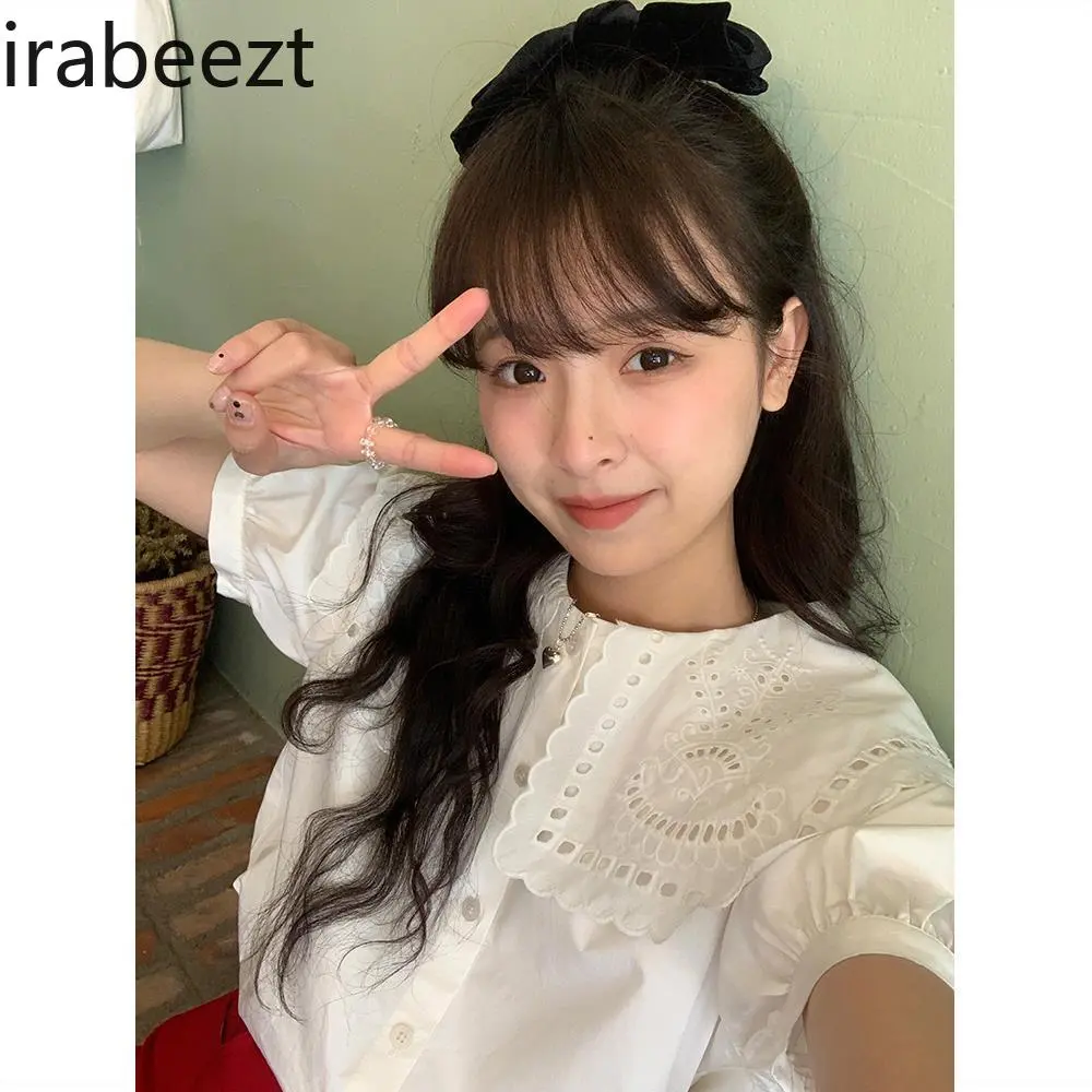 Sweet Japanese Lace Doll Collar Lace White Shirt Female 2025 Summer New Bubble Sleeve Design Top Blusas Femininas Elegantes