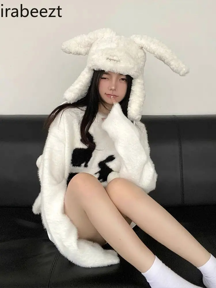 Soft Waxy Women's Autumn Winter Rabbit Jacquard Imitation Mink Hair Loose Pullover Fashion Casual White Knitted Top