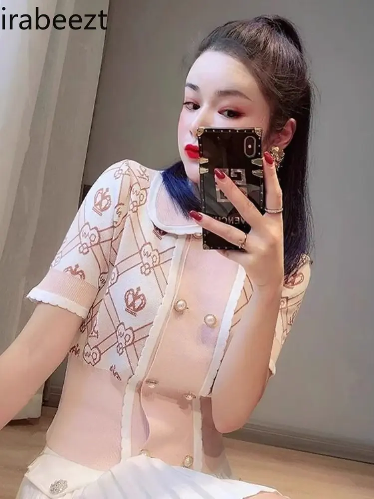 2025 Summer New Crown Embroidery Ice Silk T-Shirt Women's Bow Collar Short Sleeve Double Button Knit Top Slim Fit Blouse