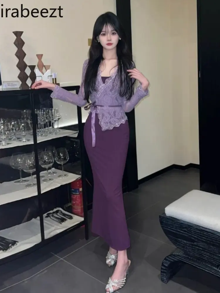 2025 Spring and Autumn New Purple Hip Suspender Dress Lace Strap Top Sexy 2 Pieces of Suit Conjuntos Feminino Elegante