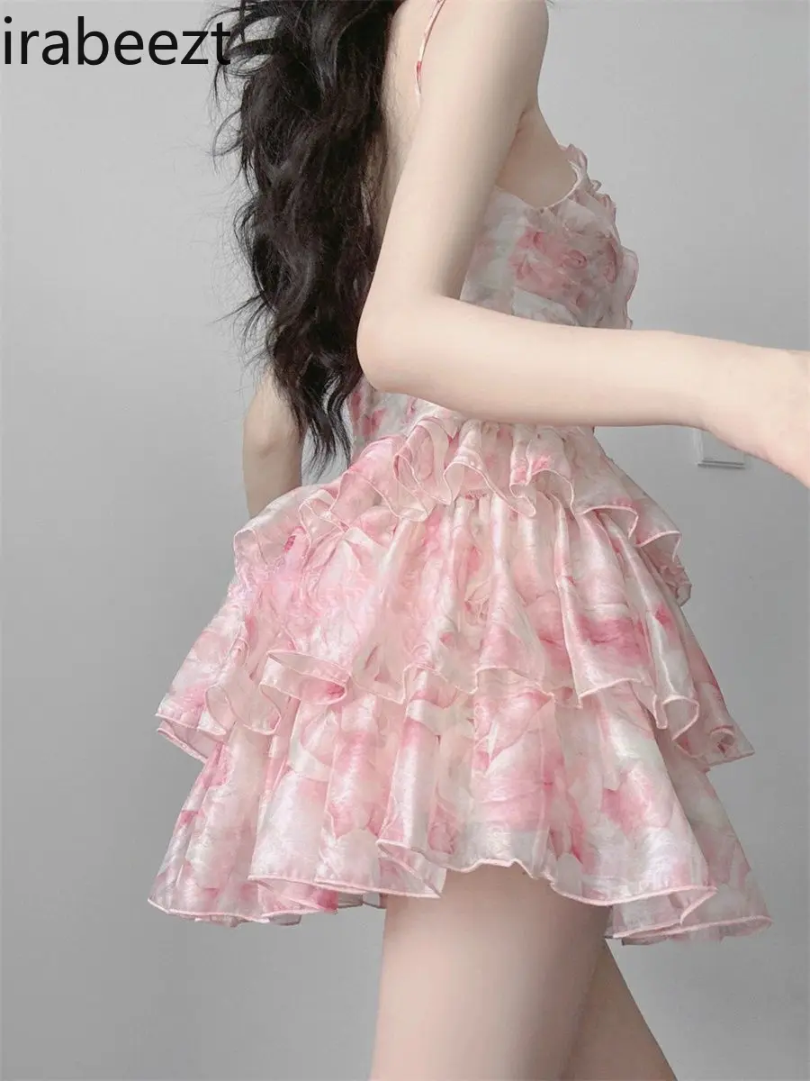 Sweet Hot Girl Ruffled Floral Age-reducing Sling Summer Fashion Waist Slimming Cake Short Dress Women's Clothing Sexy Dress