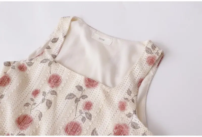 New Summer Vintage Vacation Travel Style Rose Lace Embroidery Fake Two Sundress Dresses Long Viscose Women Dress