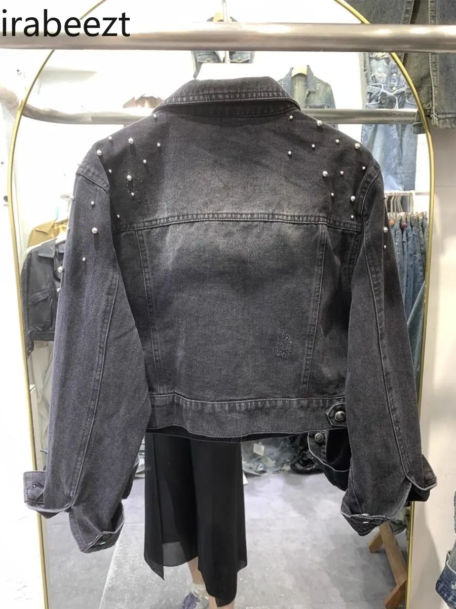 Hong Kong Style Denim Jacket for Women High-end Beaded Jacket 2025 Autumn Distressed Raw Edge Versatile Short Top