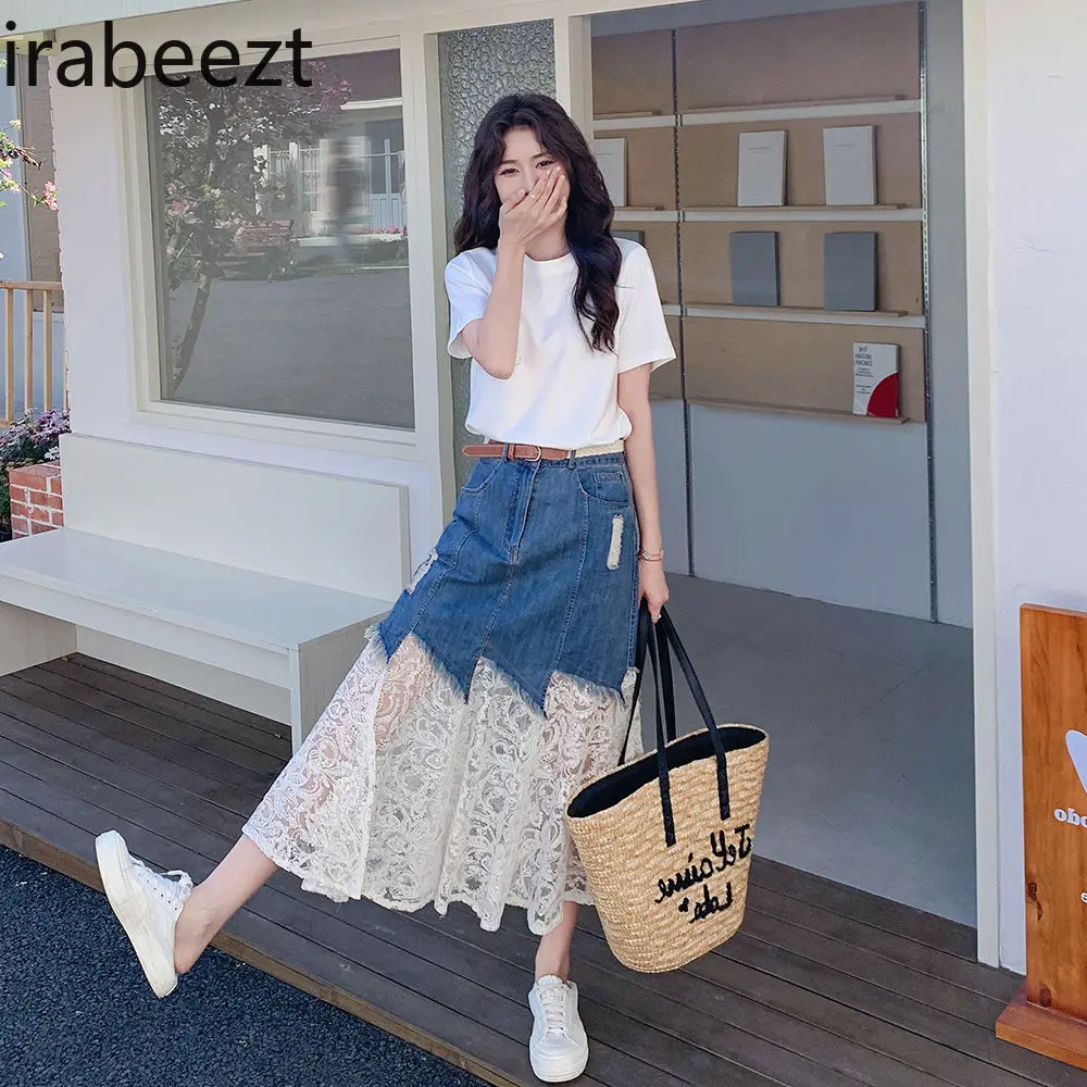 2025 Summer Women's Elegant Lace Sleeve Top + Denim Skirt Set Office Lady Chic Two-Piece Outfit Fashion Splicing Y2K Style
