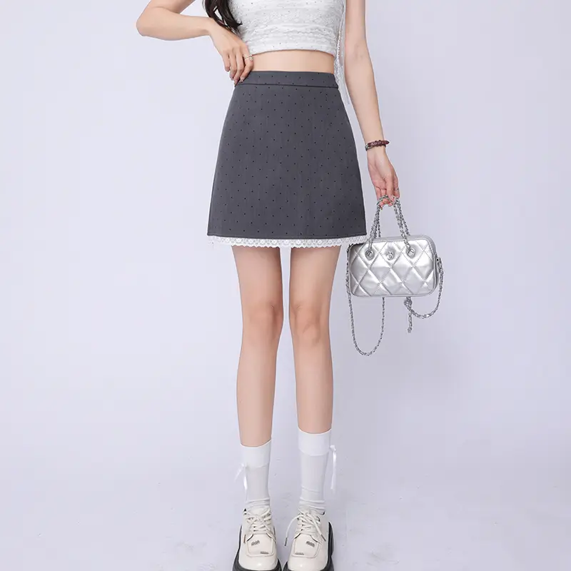 Polka Dot Skirt Women Knee Length Pink Skirts With Lace High Waist Robe Female Outfits Ladies Clothes