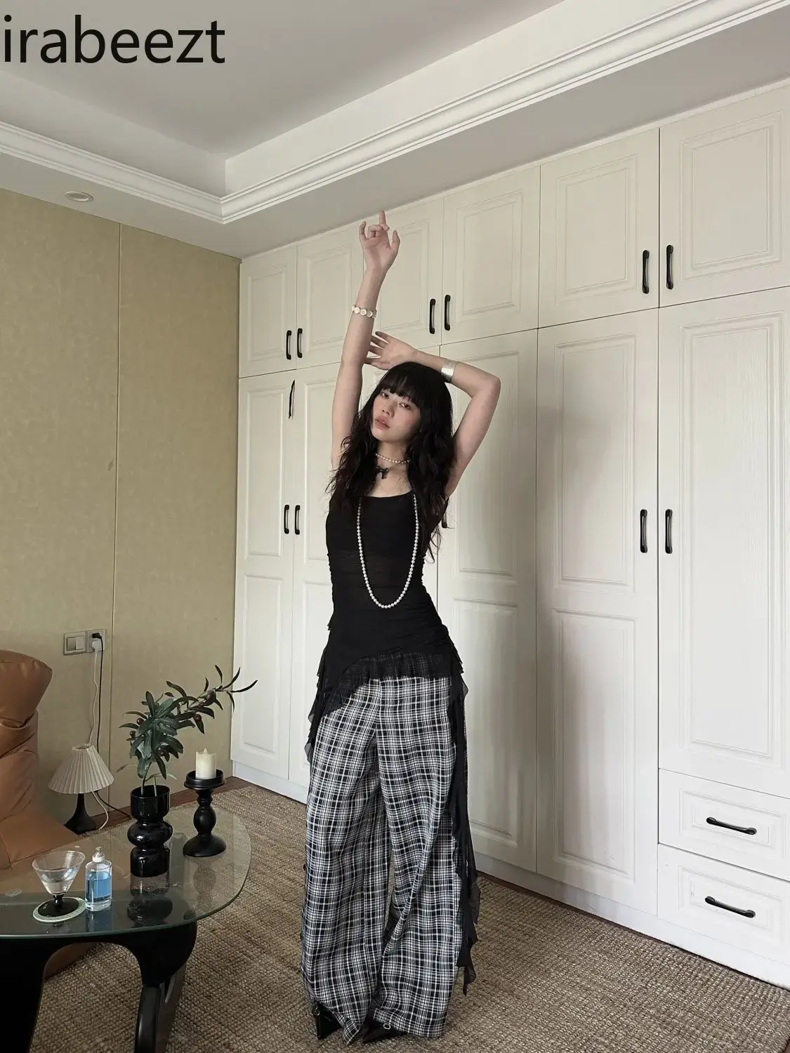 Black Irregular Hem Side Pleated Halter Vest Female Summer Spice Girl Ruffle Edge Streamer Sleeveless Top Solid Color Camisoles