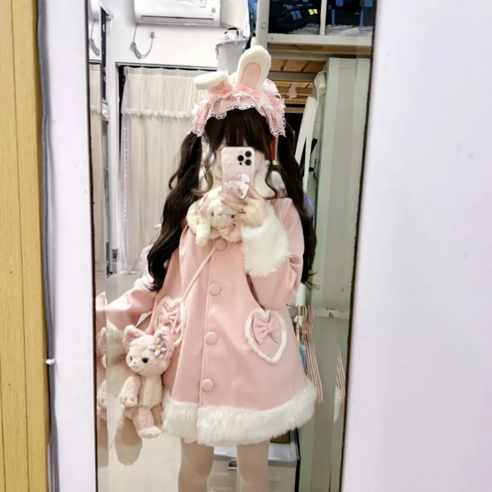 Japanese Milk Sweet Girl Academy Woolen Coat Winter New Sweet Age-reducing Bow Loose All-matching Abrigos Para Mujer