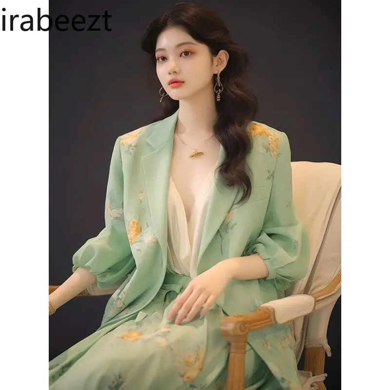 This Year's Fashion Beautiful High-grade Sense of Temperament Green Floral Suit Skirt Spring and Autumn Blazer Sets