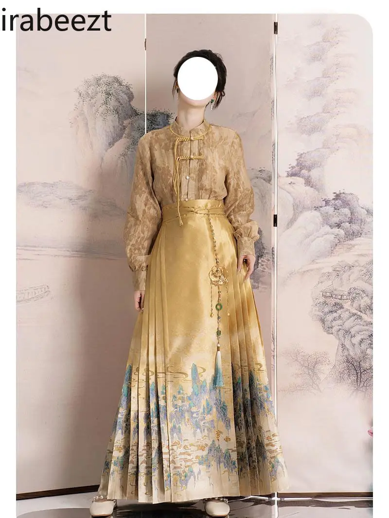 Women's Hanfu Set Elegant Vintage Style Daily Wear Long Pleated Skirt with Belt Two-Piece Outfit Traditional Chinese Costum