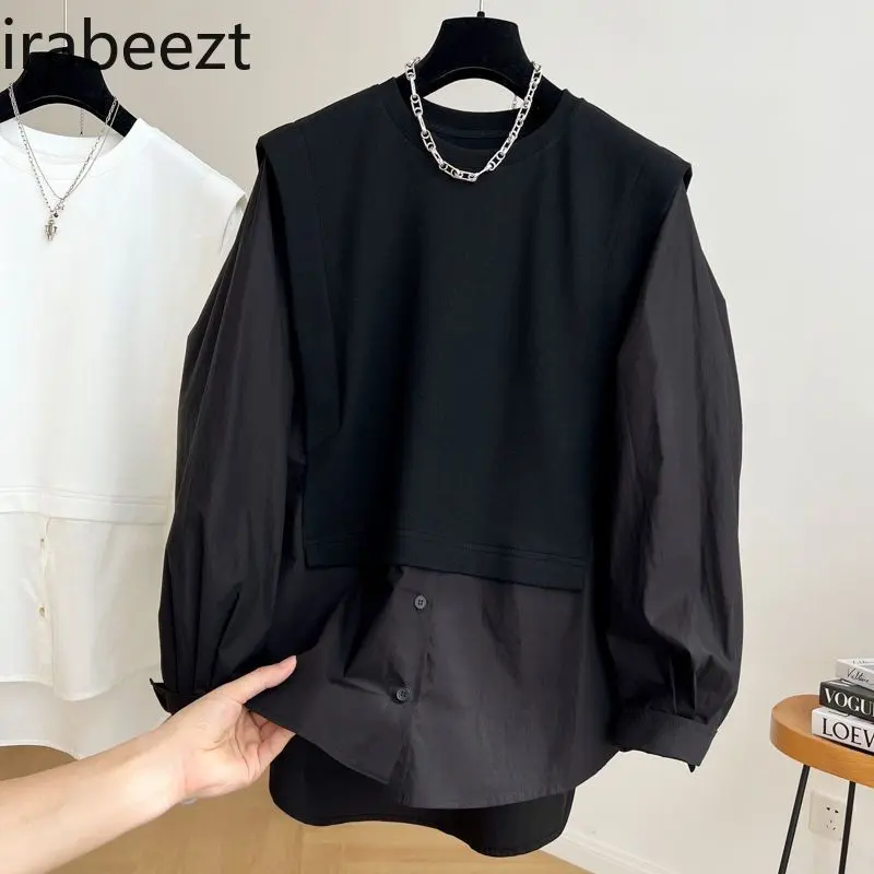 Large Size French Design Sense Stitching Fake Two Long Sleeve Shirt Female Loose Doll Blouse Slight Strech Blusas De Mujer