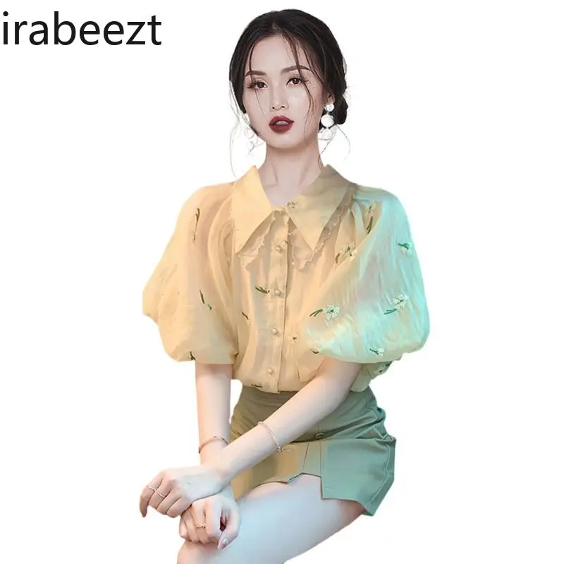 Temperament Style Chic Puff Sleeve T Shirt 2024 Summer New Women's Clothing Design Sense Age-reducing Doll Collar Blouse