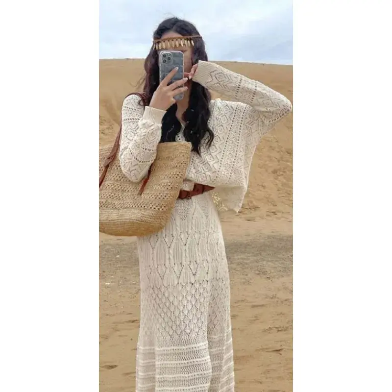 Women's Skirt Sets V-Neck Single Breasted Loose Cardigan High Waisted Mid Length Skirt Bohemian Knitted Two Piece Lady's Clothes