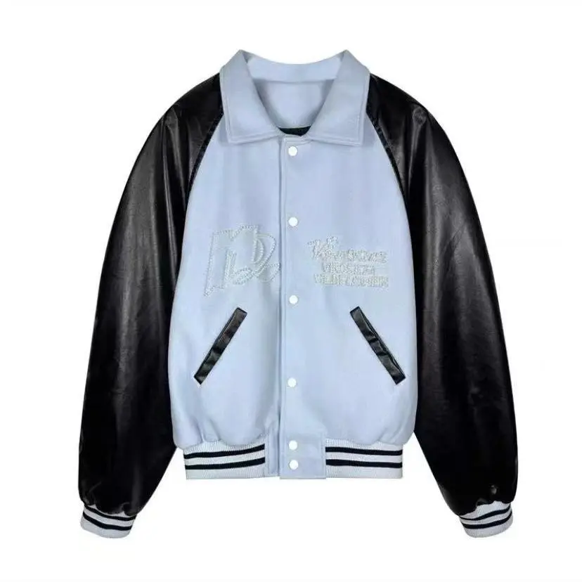 American Retro High Street Contrast Color PU Leather Beaded Design Raglan Sleeve Coat for Men and Women Loose Couple Jacket