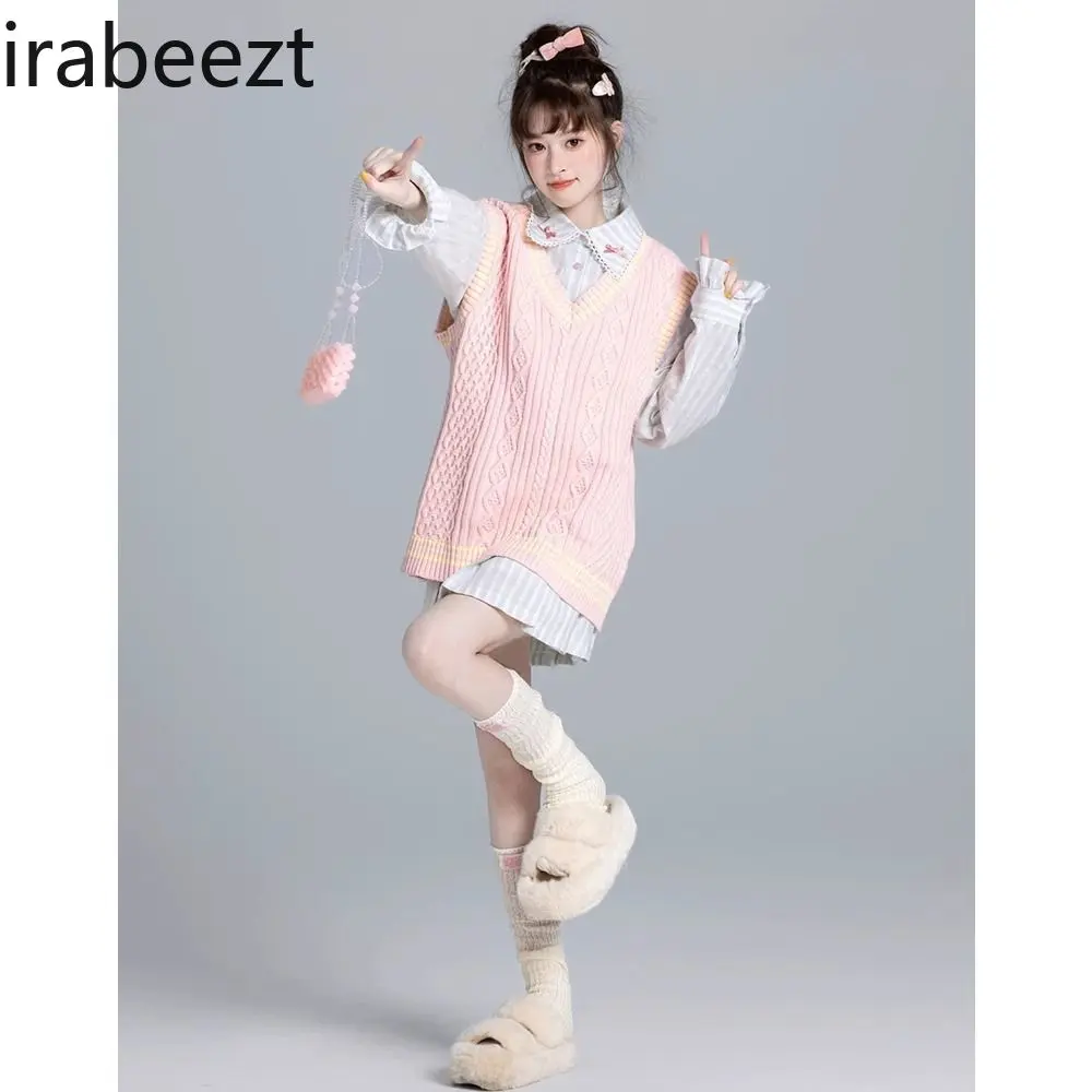 Sweet and Gentle Wind V-neck Pink Knit Cardigan Vest Female New Cute Sweater in Autumn and Winter Niche Women Waistcoat