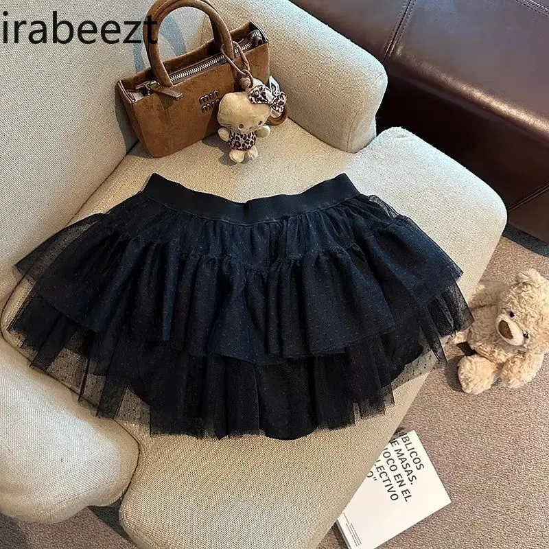 College Style Pink Polka Dot Lace Skirt Female Summer High Waist A-line Cake Shaped Princess Mesh Skirt Faldones Para Mujer