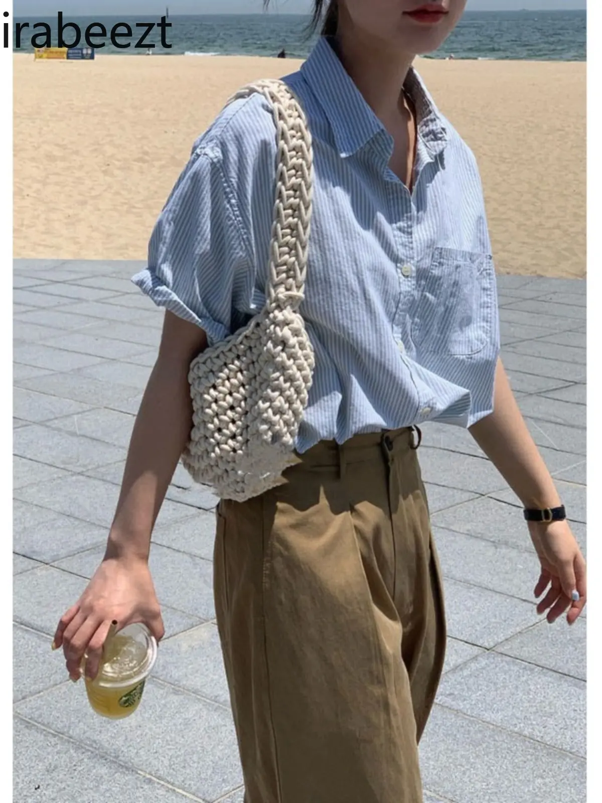 Blue Striped Shirt Short Sleeves Women Summer 2025 New Polo Collar Shirt Design Niche Beautiful Tops Blusas Mujer