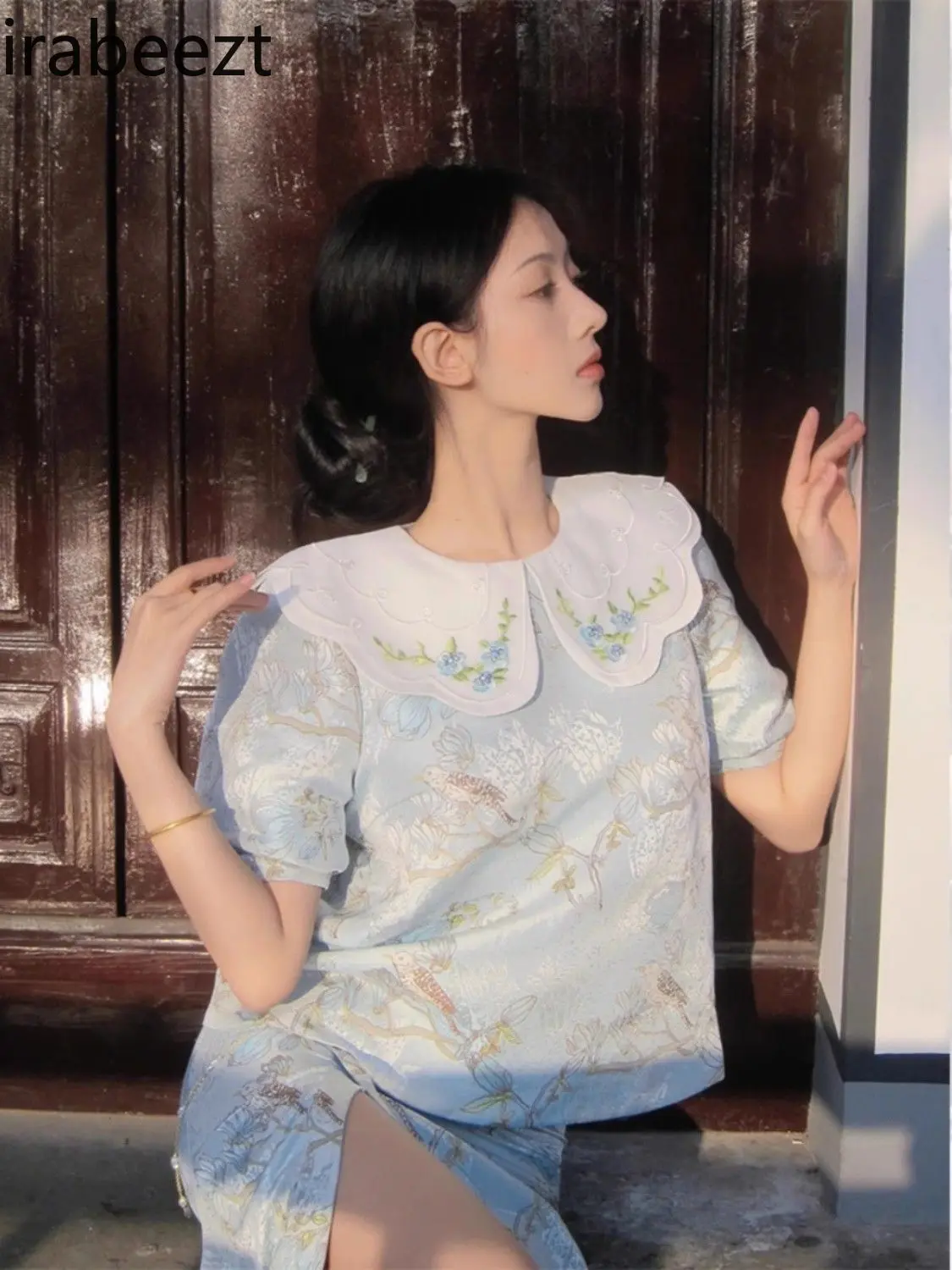 New Chinese Style National Style Embroidered Blue Shirt Female 2024 Summer New Large Size Tang Suit Retro Doll Collar Top