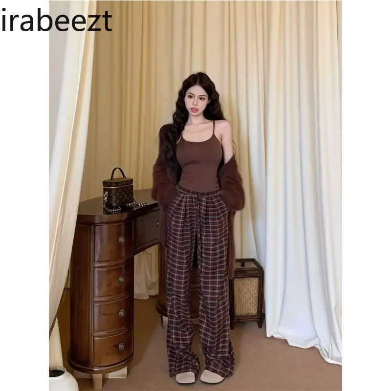 Women's Pants Set V-Neck Cardigan+Tank Top+Plaid Straight Tube Wide Leg Pants Vintage Casual Lazy Style Three Piece Lady Clothes