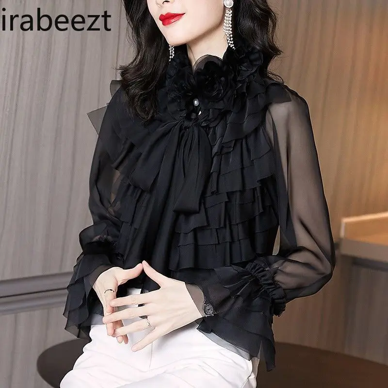 2025 New Retro Hong Kong Style French Light Ruffle Design Niche Professional Chiffon Shirt Tops for Women Blusas De Mujer