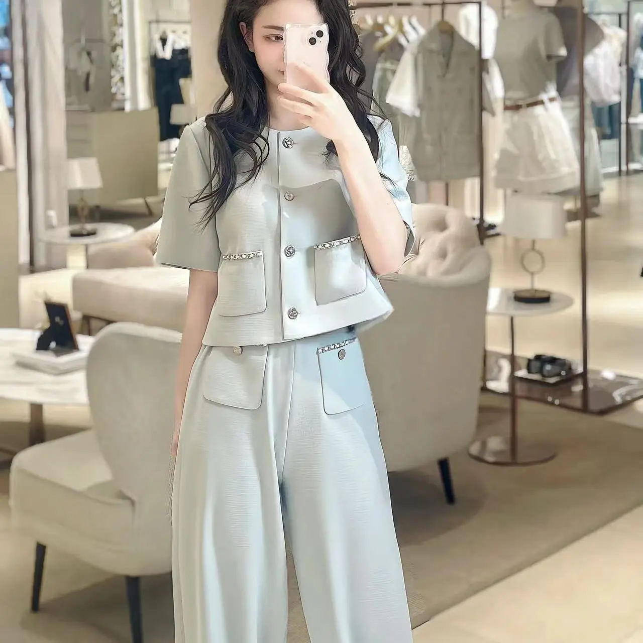 Short-sleeved New Age-reducing Fashion Temperament Top Wide-leg Pants Suit Summer Two-piece Set Conjunto Femenino