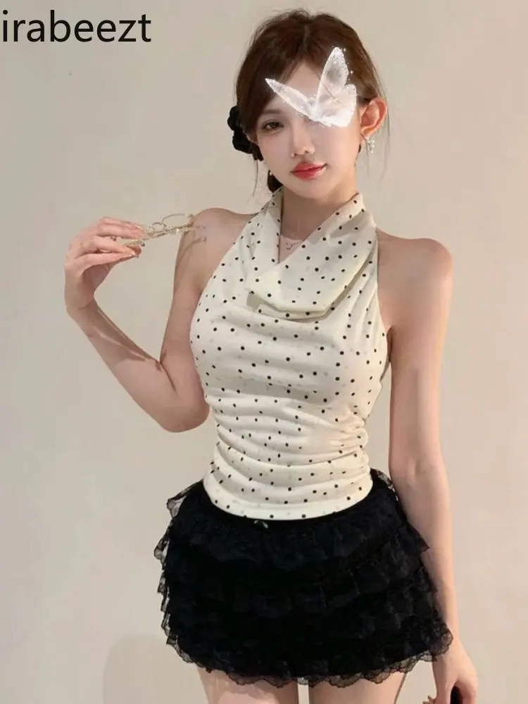 Women's Summer New Design Chic Sexy Lace Halter Sleeveless Top Vintage China Polka Dot Hanging Neck Swing Neck Vest