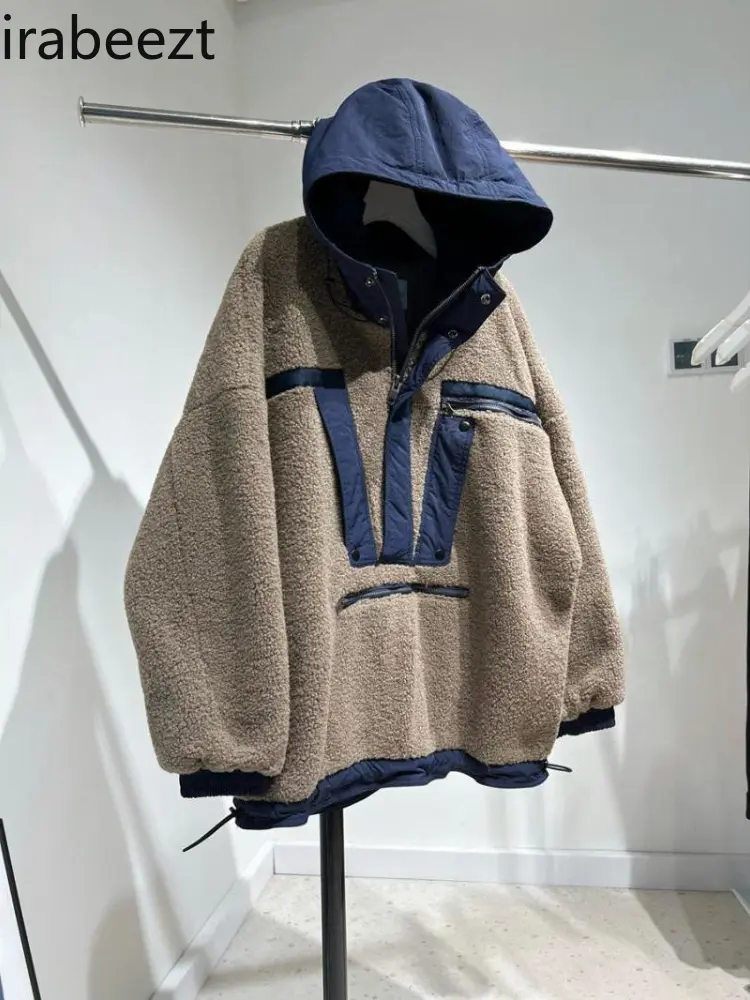 Extra Large Size Cool Warm Cargo Style Lamb Wool Hoodie Men and Women Stitching Half Zip Hooded Jacket Loose Sweatshirt
