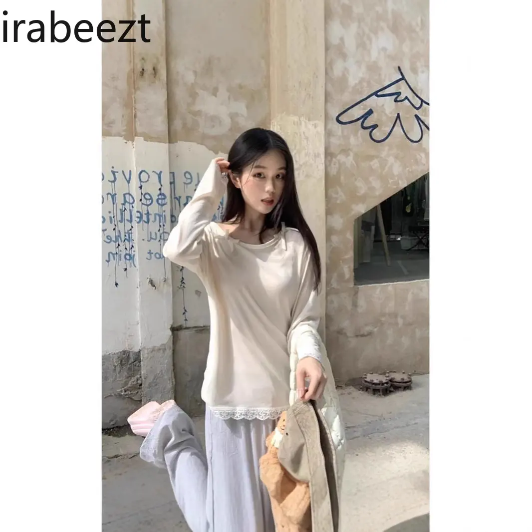 Fashionable Streetwear Bow Lace Long-sleeved T-shirt for Women Spring Loose Blouse with Sweet Design Top